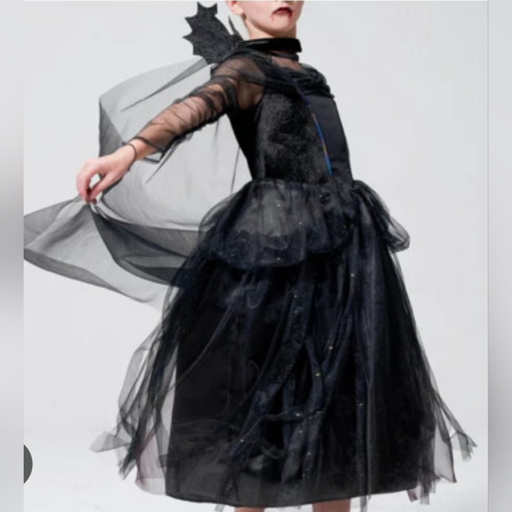 IKALI Girl Witch Black Costume Halloween Magic Tutu Dress Gown And Cape